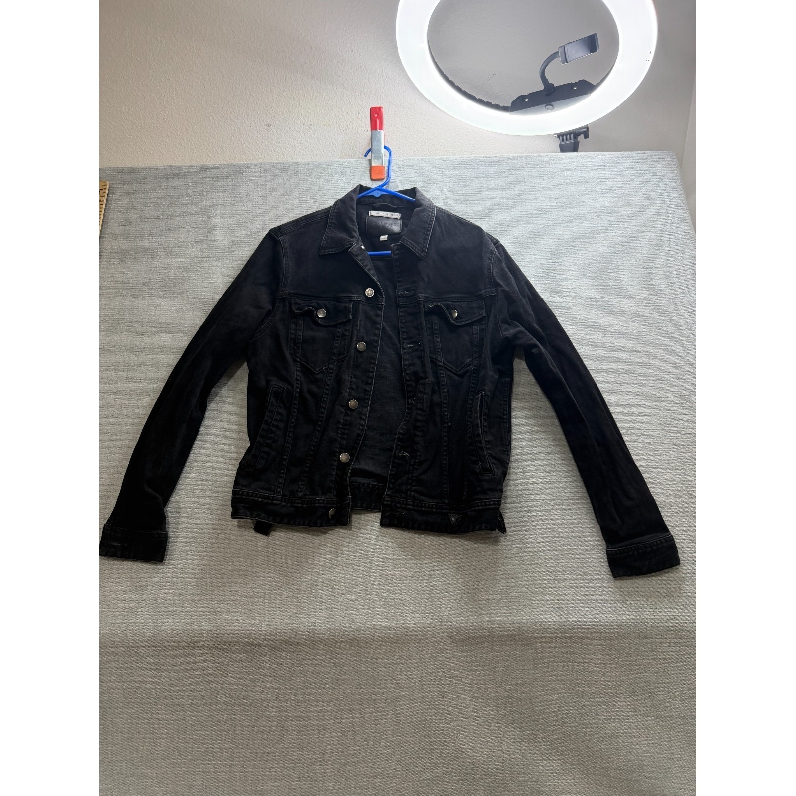 Guess Dillon Jacket Mens Medium Black Denim Seam Stitching Classic Button Front